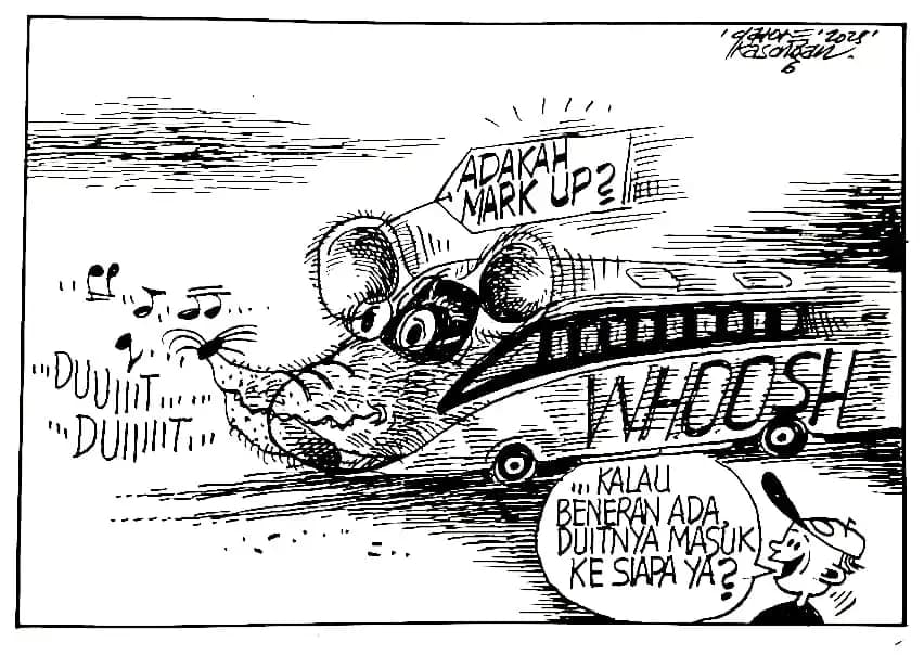 Karikatur - Ilsutrasi - Adakah Mark Up di Whoosh? (Gatot Eko Cahyono)