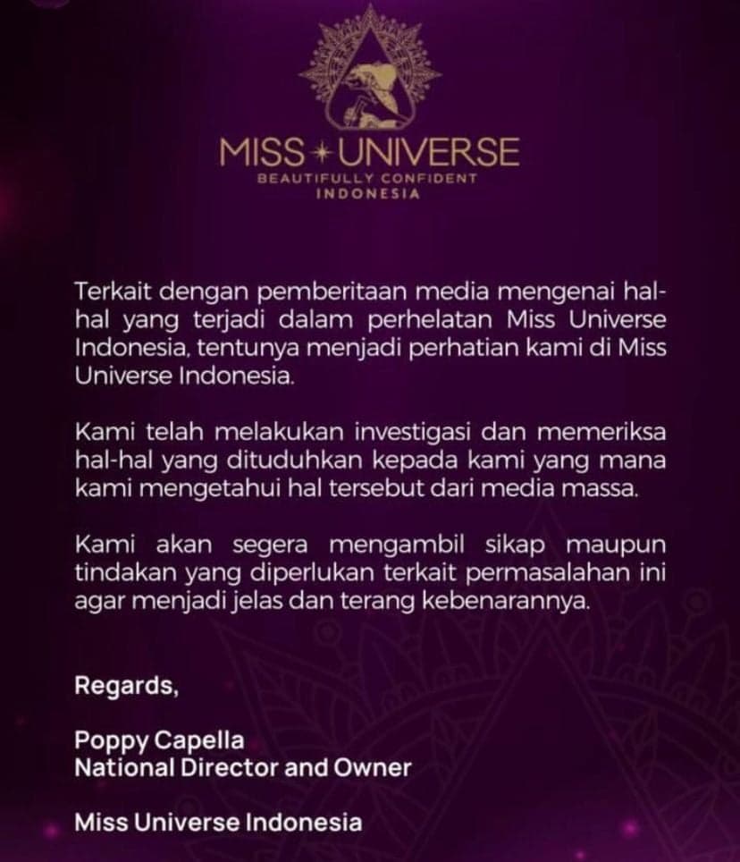 Bos Miss Universe Indonesia Investigasi Kasus Dugaan Pelecehan Seksual