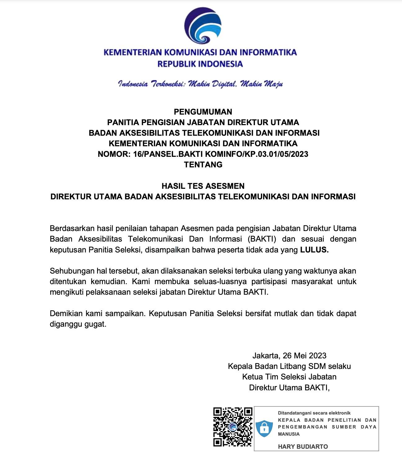 12 Peserta Seleksi Dirut BAKTI Kominfo, Tak Ada Satu pun yang Lulus 