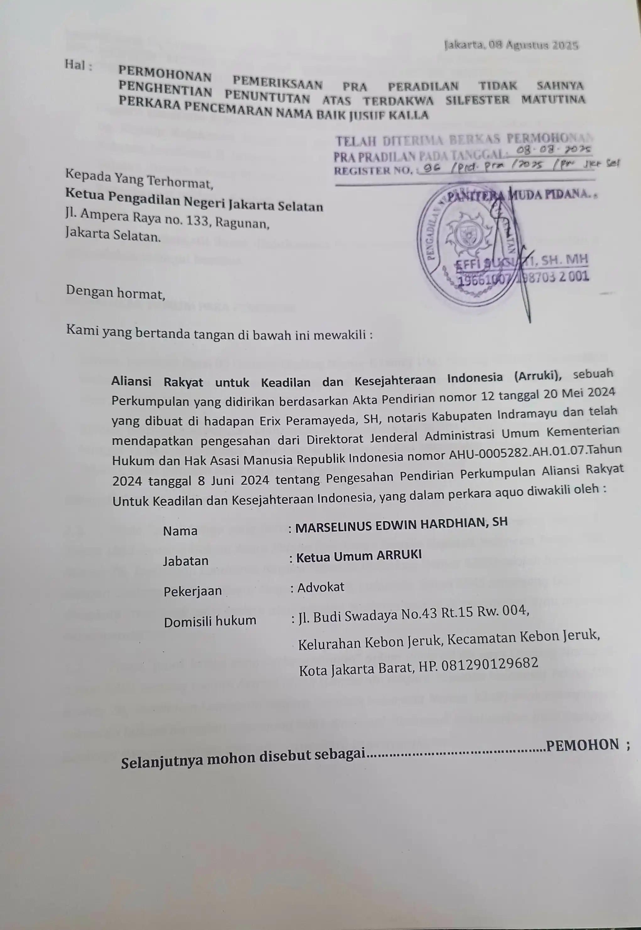 Ajukan Praperadilan, ARRUKI Tuntut Kejaksaan Eksekusi Vonis Silfester 1,5 Tahun Bui