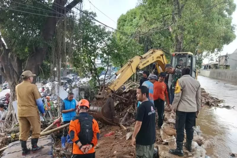 Tangani Genangan di Hek Kramat Jati, Petugas Gabungan Pasang Bronjong