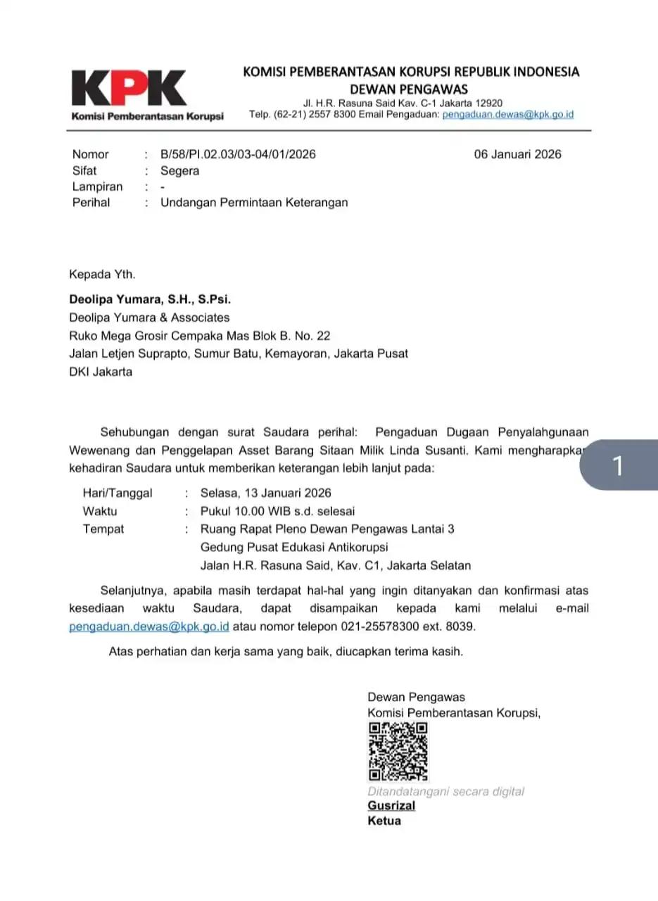 Dewan Pengawas KPK Panggil Deolipa Yumara Terkait Pengaduan Pengelolaan Aset Sitaan