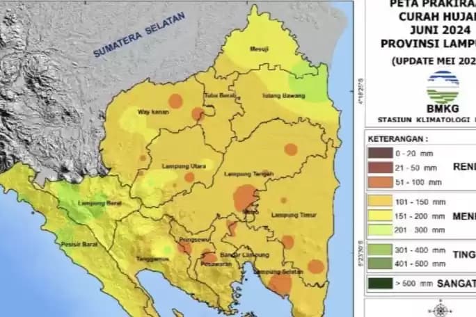 Foto Peta prakiraan curah hujan di Provinsi Lampung