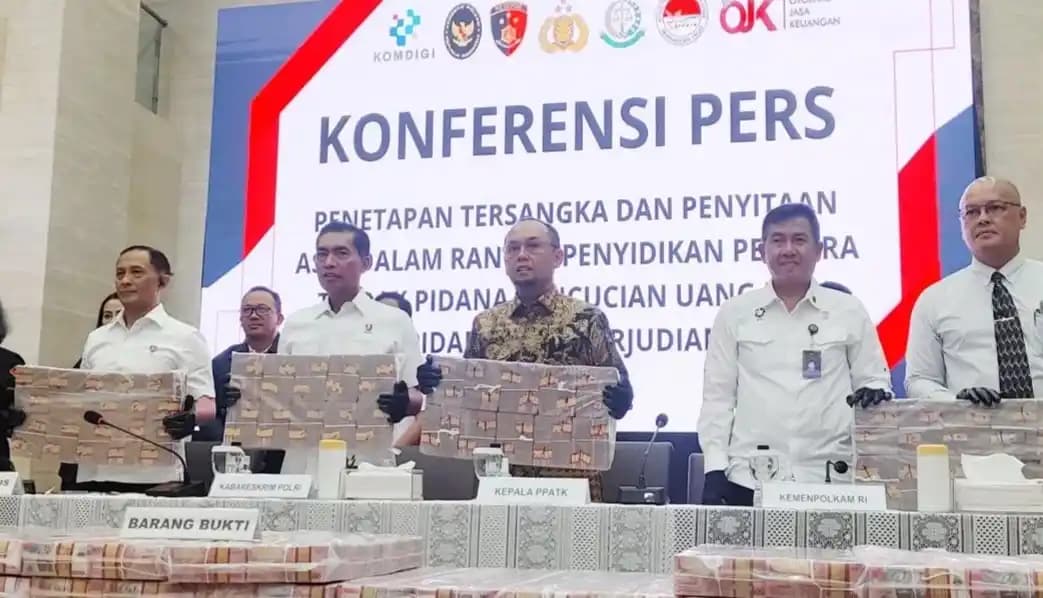 Konferensi pers Bareskrim Polri terkait kasus TPPU hasil Judi Online di Gedung Bareskrim Polri, Jakarta, Rabu (7/5/2025)