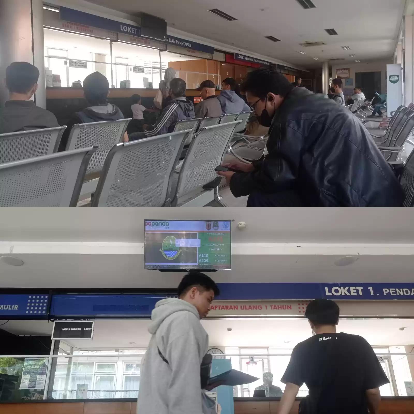 Layar monitor nomor antrean wajib pajak (WP) di kantor Samsat Pajajaran, Kota Bandung, Jawa Barat