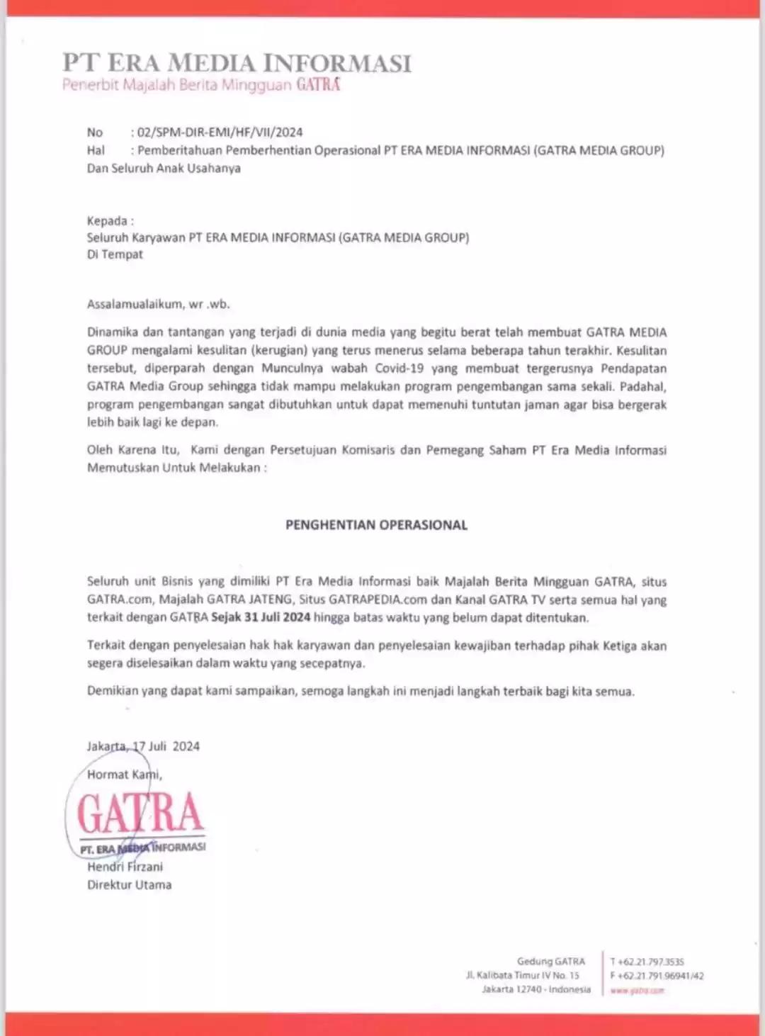 Penghentian Operasional Gatra Media Group