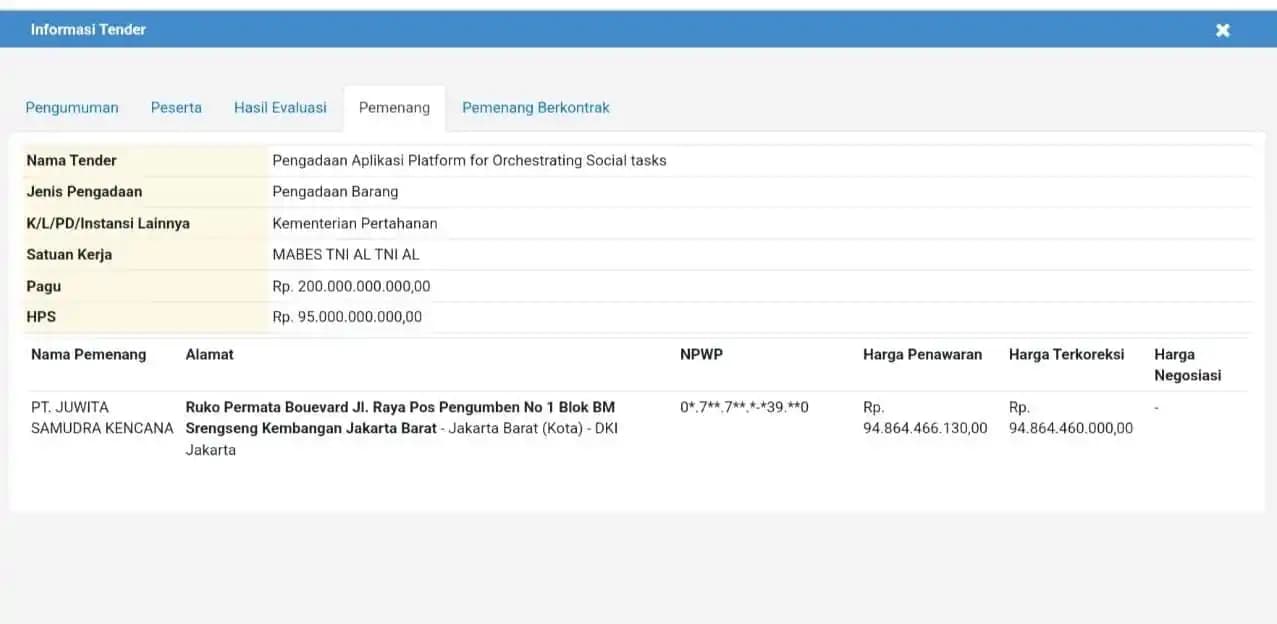 PT Juwita Samudera Kencana Diduga Tak Penuhi Syarat, PPK Harus Batalkan Tender Aplikasi Platform TNI AL