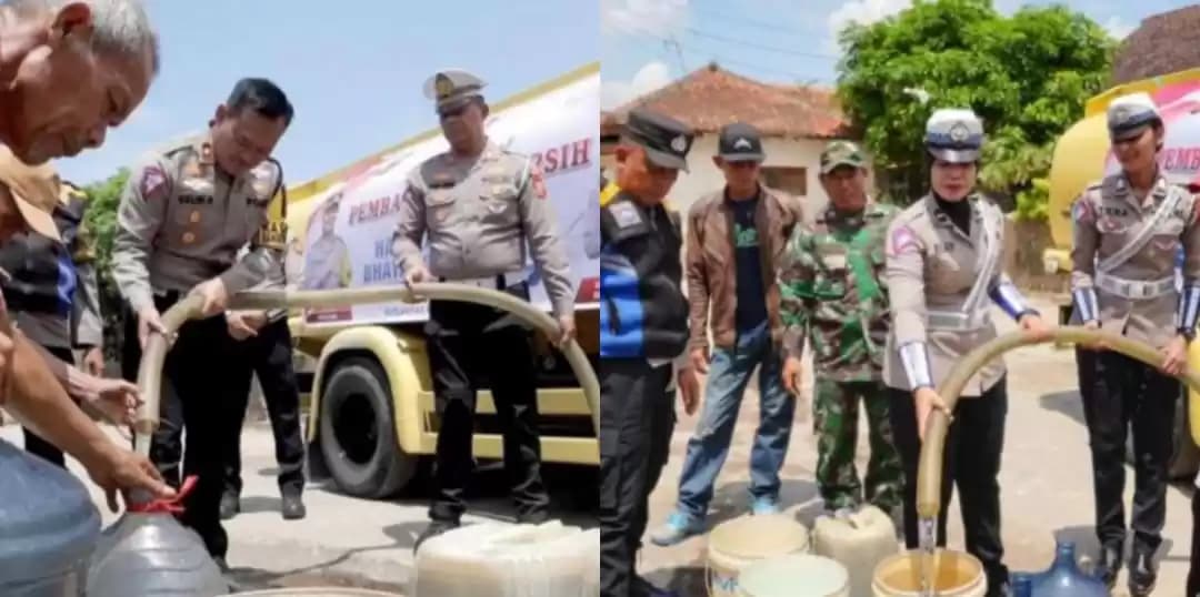 Satlantas Polresta Bandung saat menyalurkan bantuan air bersih kepada 400 KK