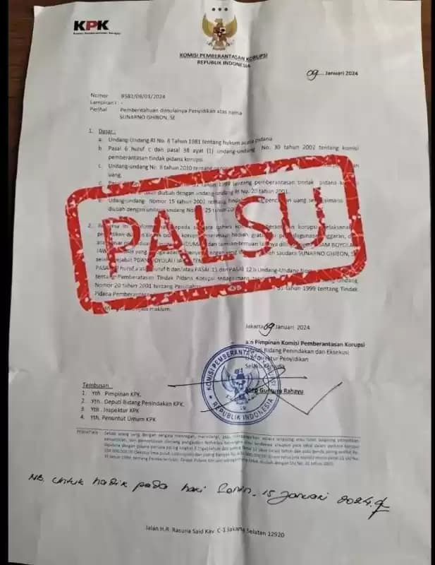 Surat pemberitahuan dimulainya penyidikan (SPDP) palsu yang ditemukan oleh KPK.