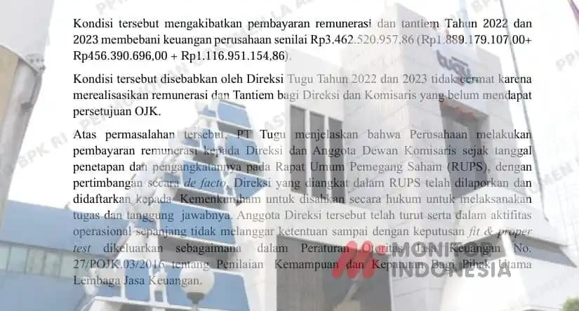 Temuan BPK Remunerasi Direksi Komisaris PT Tugu