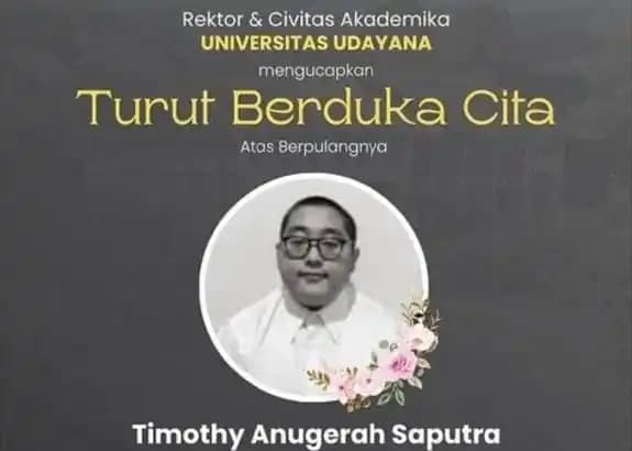 Timothy Anugerah Saputra (22), Mahasiswa Universitas Udayana Bali diduga Bunuh Diri akibat Perundungan